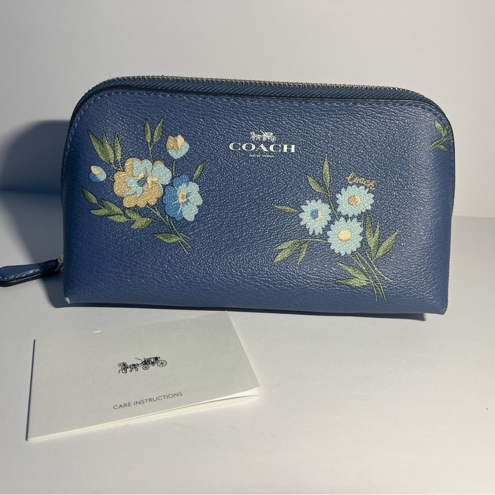 Coach makeup cosmetic bag blue floral leather NWT